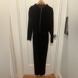 Vintage Boston Proper Brown Velvet Velour Disco ‘80s Zipper Hooded Jumpsuit Sz S
